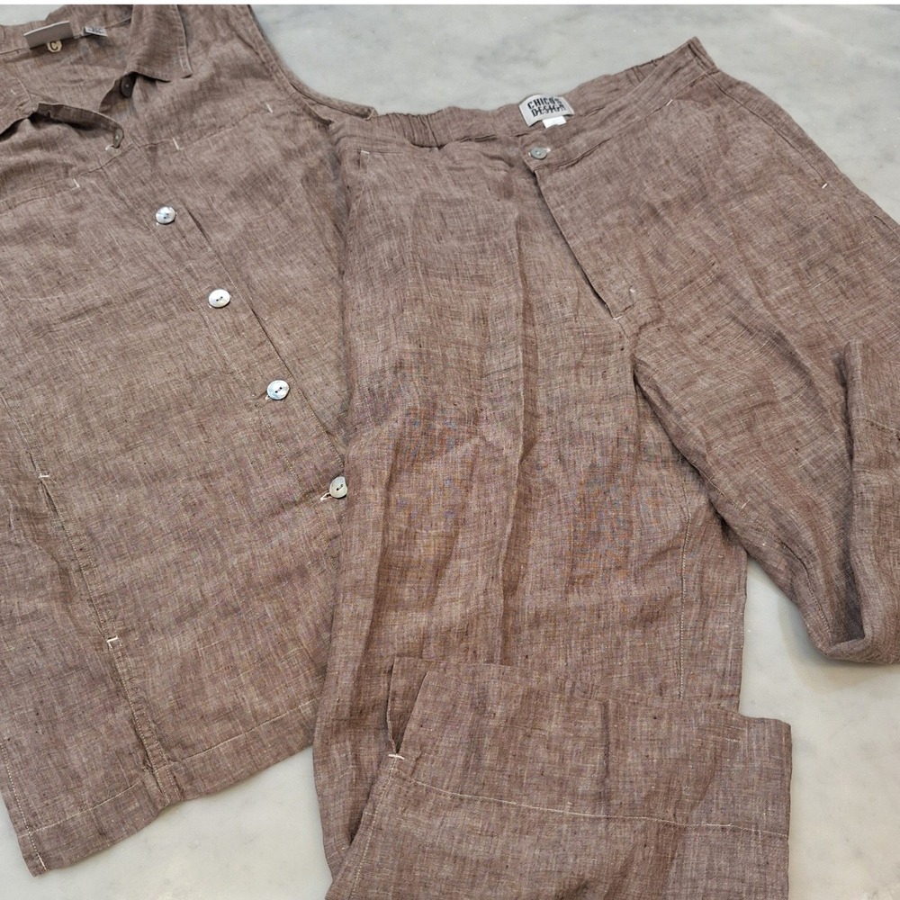 Chico's Design 100% Linen Pant Set Sz 2 Brown Sleeveless Tunic Crop Wide Leg